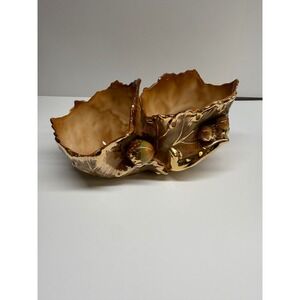 Vintage Inarco Japan Ceramic Double Leaf Dish Gold Gilt Brown Acorn E-2529